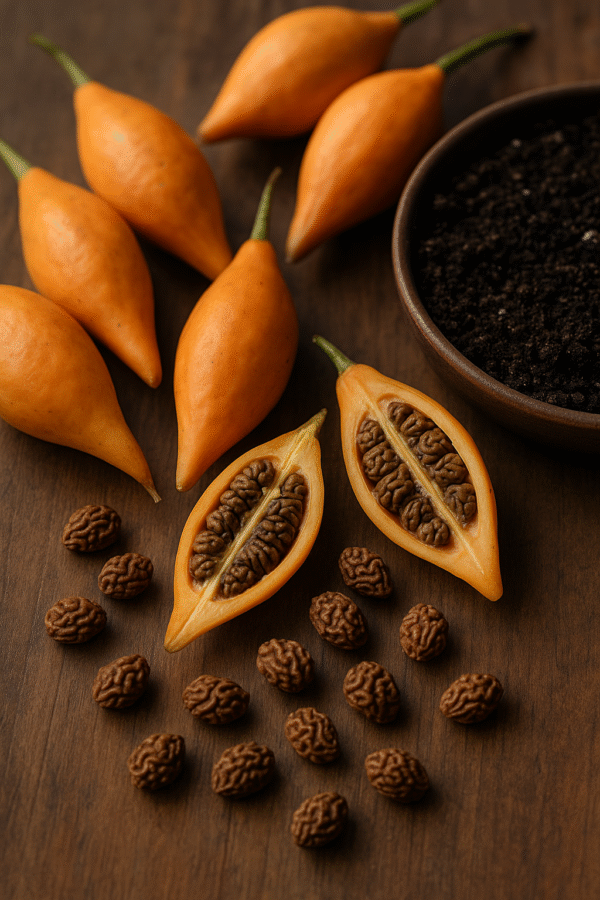 Fresh orange iboga fruits opened, next to them cleaned brown, furrowed seeds - preparation for sowing