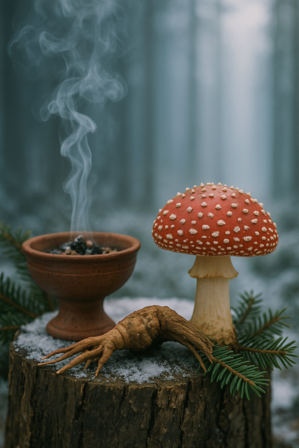 Mystical scene with iboga root, fly agaric and gently rising incense in front of a misty winter forest
