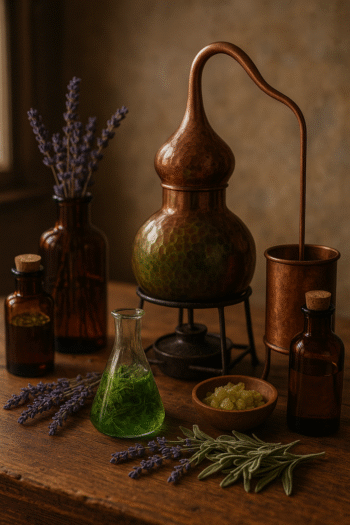 Glasgefäße mit Kräutern und Ölen auf Holztisch im Sonnenlicht