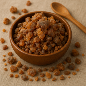 Myrrhe-Harzstücke in einer kleinen Holzschale, warm beleuchtet auf beigem Naturstoff.