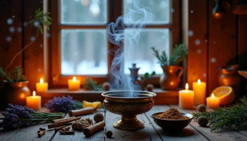 Winterliches Räucherritual mit Räucherschale, aufsteigendem Rauch, Kerzen und Kräutern auf einem Holztisch vor einem gemütlich beleuchteten Fenster.