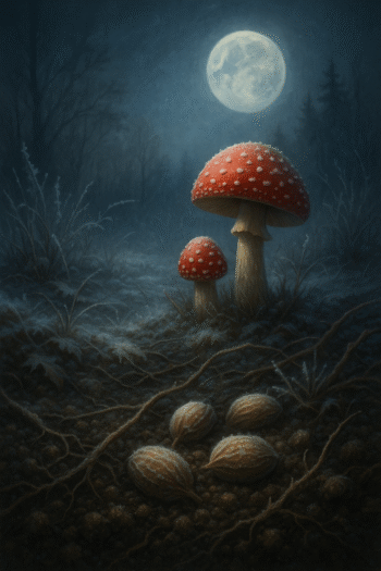 Frostige Erde mit ruhenden Samen, Fliegenpilzen und sanftem Vollmond über winterlicher Landschaft