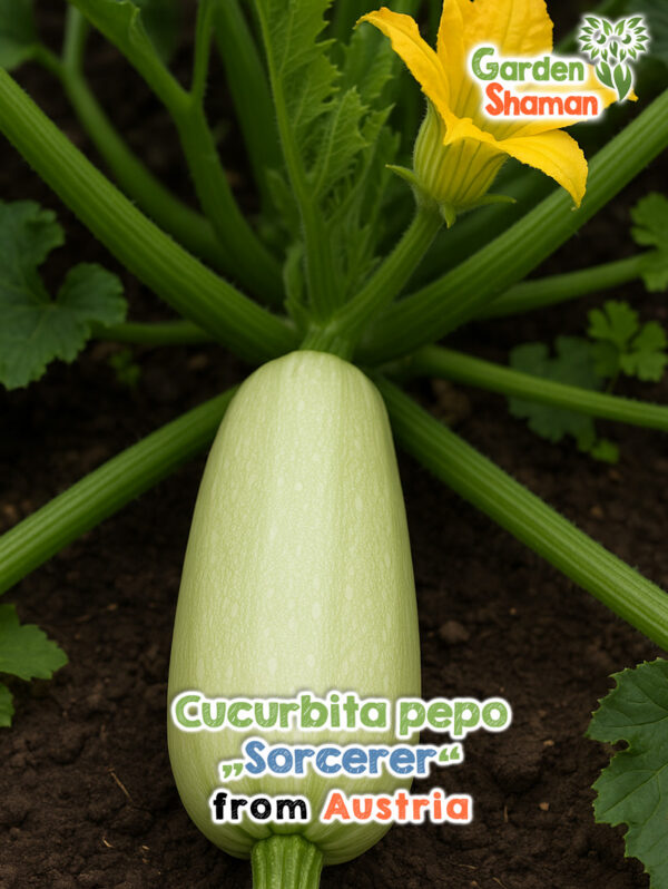 Zucchini Sorcerer (Cucurbita pepo) mit hellgrüner Frucht und gelber Blüte in nährstoffreicher Erde.