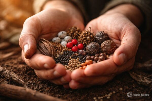 Rare plant seeds in human hands as a symbol of cultural heritage, responsibility, and botanical diversity