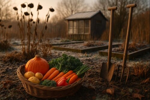 Winter garden with frosty flower beds, gardening tools, and a basket of vegetables—quiet preparations for spring