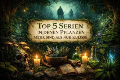Mystisches Blog-Titelbild zu „Top 5 Serien, in denen Pflanzen mehr sind als nur Kulisse“ mit Waldszene, leuchtenden Pilzen, Kräutern, alchemistischen Gefäßen und spiritueller Pflanzenatmosphäre.