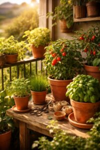 Urban Gardening auf dem Balkon mit Tomaten, Basilikum und Küchenkräutern im Abendlicht