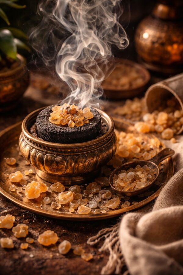 Weihrauchharz in einer bronzenen Räucherschale mit aufsteigendem Rauch im warmen Kerzenlicht