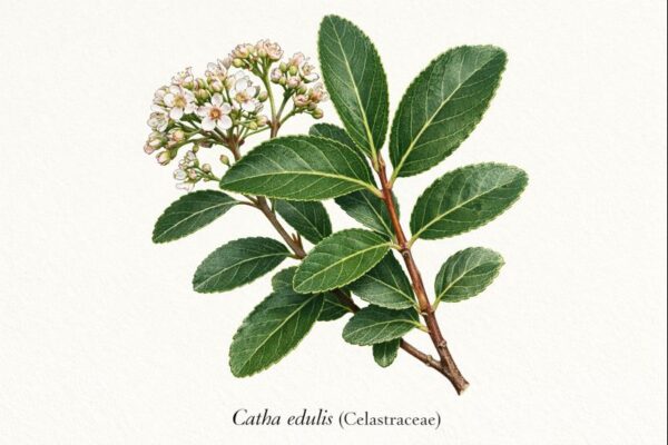 Botanical illustration of Catha edulis showing elliptical serrated leaves and small white flowers on a woody branch