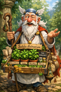 Illustration of a druid with a vendor's tray offering Salvia divinorum plants and cuttings