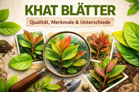 Folhas de khat (Catha edulis) - rebentos frescos, diferentes cores de folhas e caraterísticas de qualidade em comparação