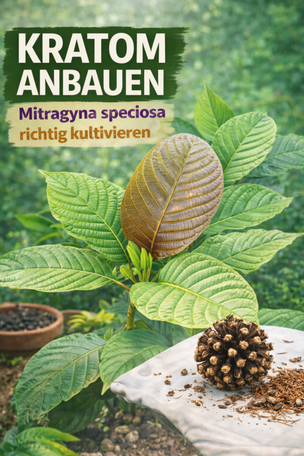 Cultiver le kratom - Mitragyna speciosa plante avec graines et capsule de graines en détail