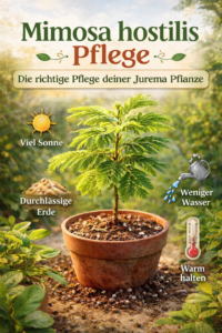Cuidados com a Mimosa hostilis - planta jovem da Jurema num vaso de barro com símbolos para o sol, solo bem drenado, pouca água e temperaturas quentes