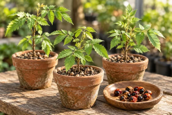 Junge Bursera graveolens Pflanzen und Palo-Santo-Samen in Terrakottatöpfen