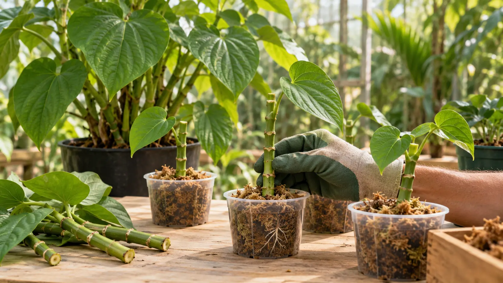 Kava-Stecklinge von Piper methysticum werden in lockerem Sphagnum bewurzelt